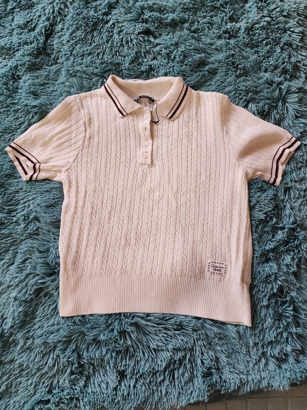 Zara Cream & Dark Purple Knit Polo with Contrast Stripe Trim